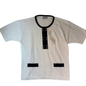 Vintage Lisa Made Italy Knit Top M – White & Navy Contrast Button Detail NWT
